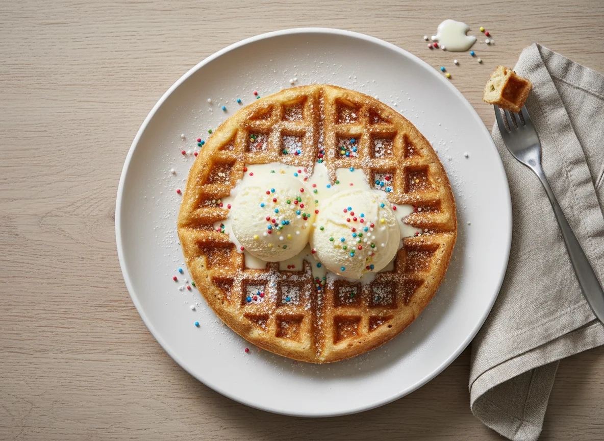 Waffel mit Vanilleeis und Puderzucker photo