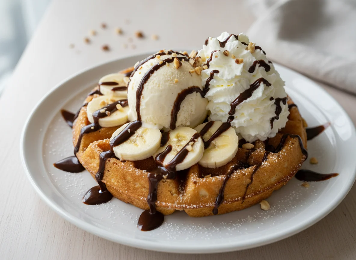 Waffeln mit Banane, Schokolade, Eis und Sahne photo