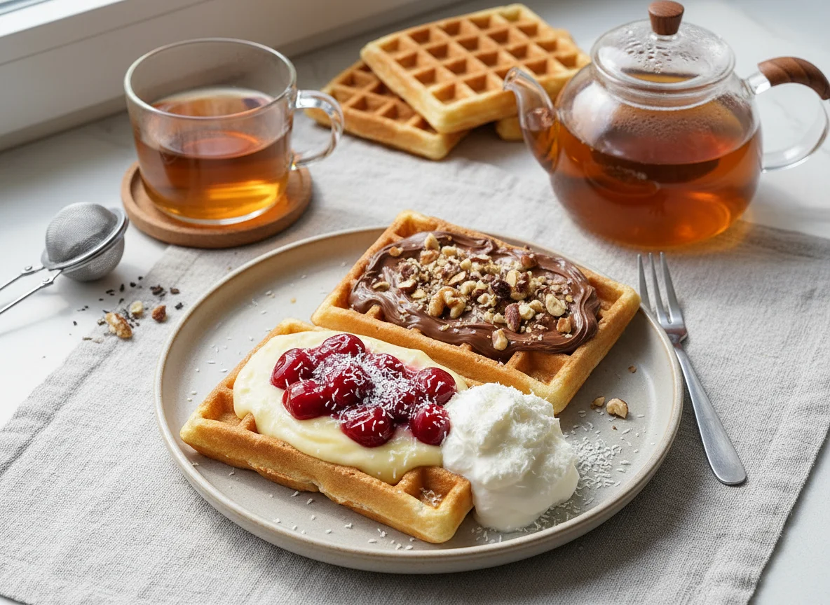 Waffeln mit verschiedenen Belägen und Tee photo