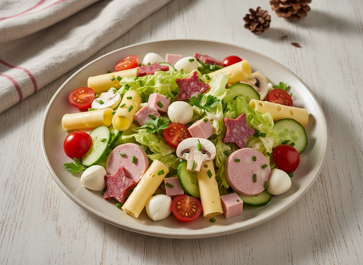 Weihnachtlicher Salat mit Wurst und Käse photo