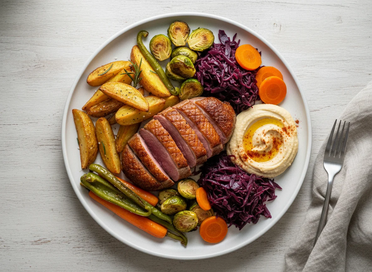 Weihnachtsessen mit Ente, Kartoffelspalten und Gemüse photo