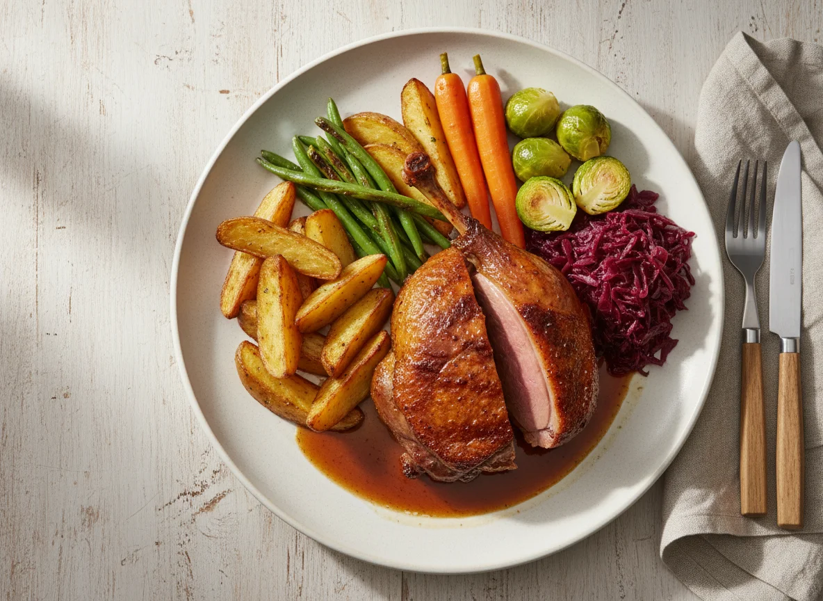 Weihnachtsessen mit Ente und Beilagen photo