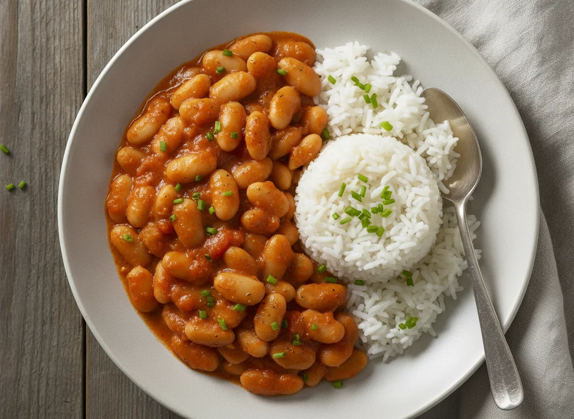 Weiße Bohnen in Tomatensauce mit Reis photo