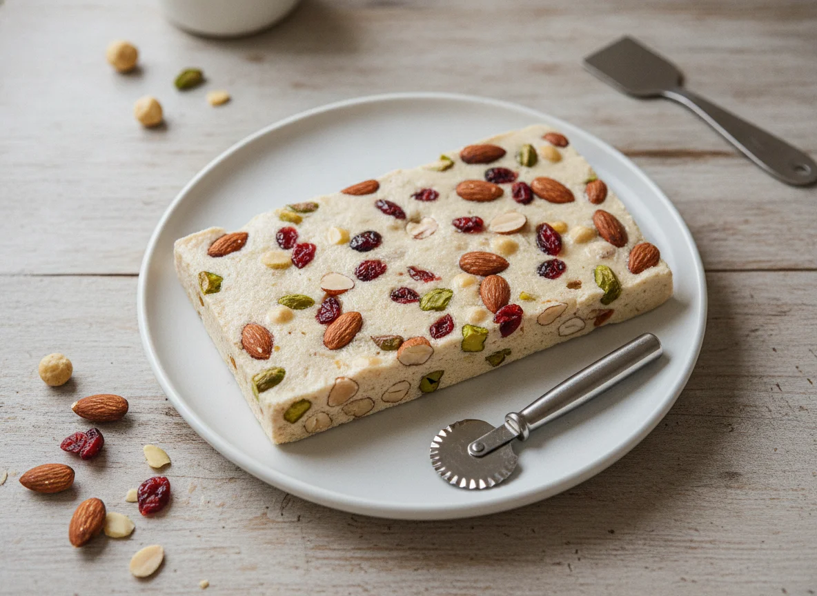 Weißer Nougat mit Nüssen und Früchten photo