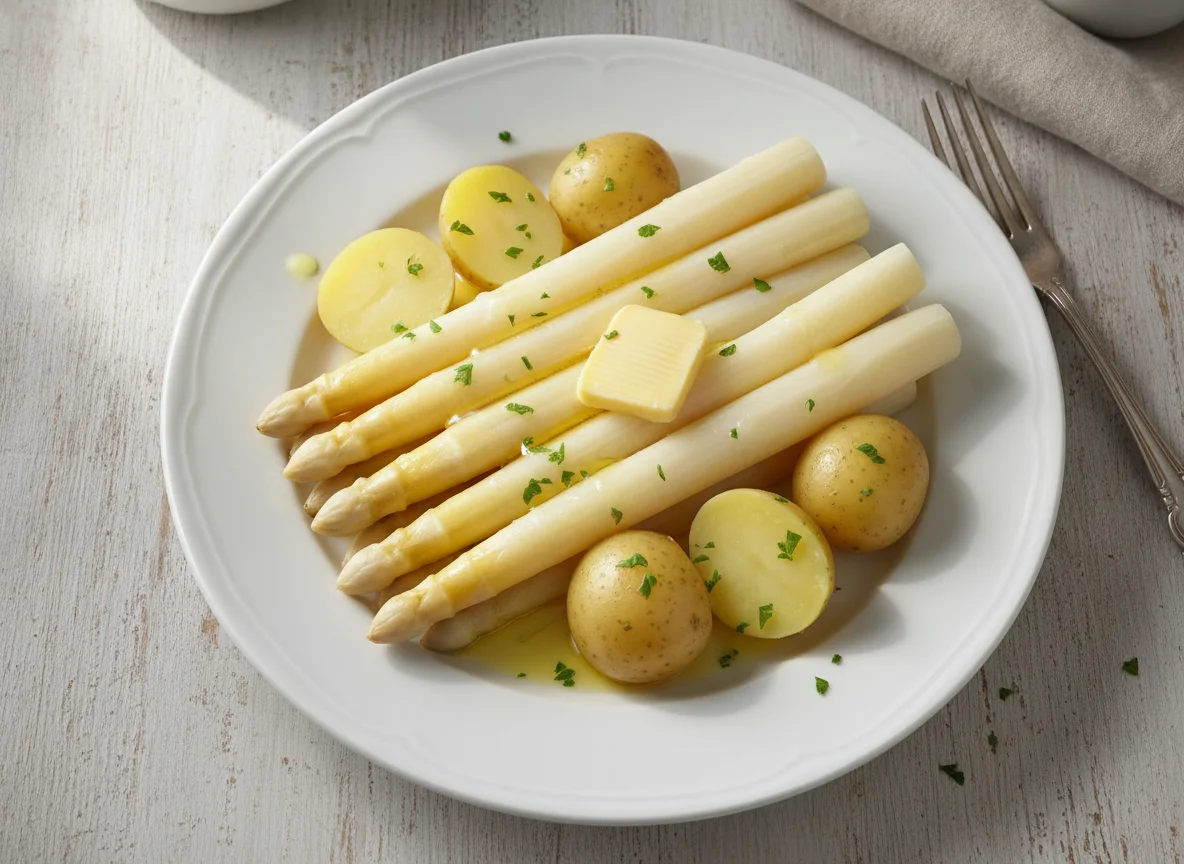 Weißer Spargel mit Salzkartoffeln und Butter photo