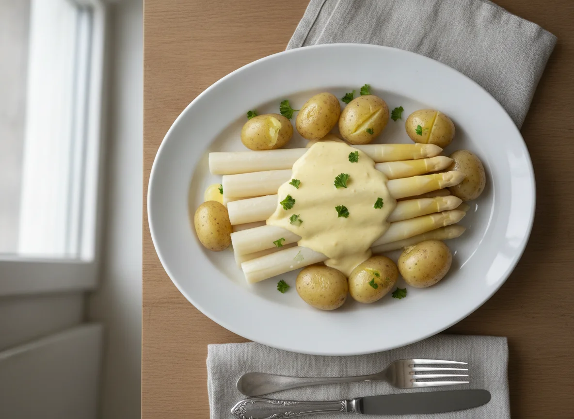 Weißer Spargel mit Salzkartoffeln und Sauce Hollandaise photo