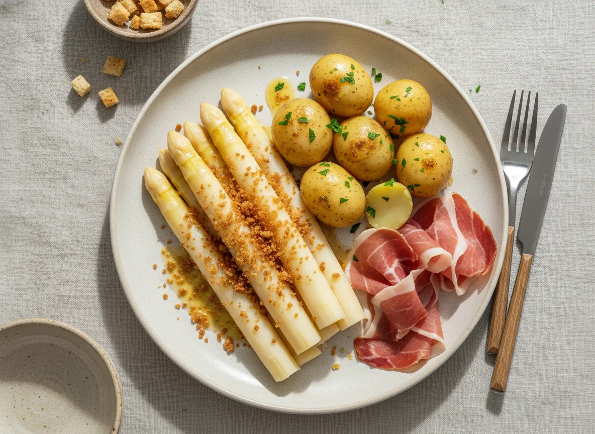 Weißer Spargel mit Salzkartoffeln und Schinken photo