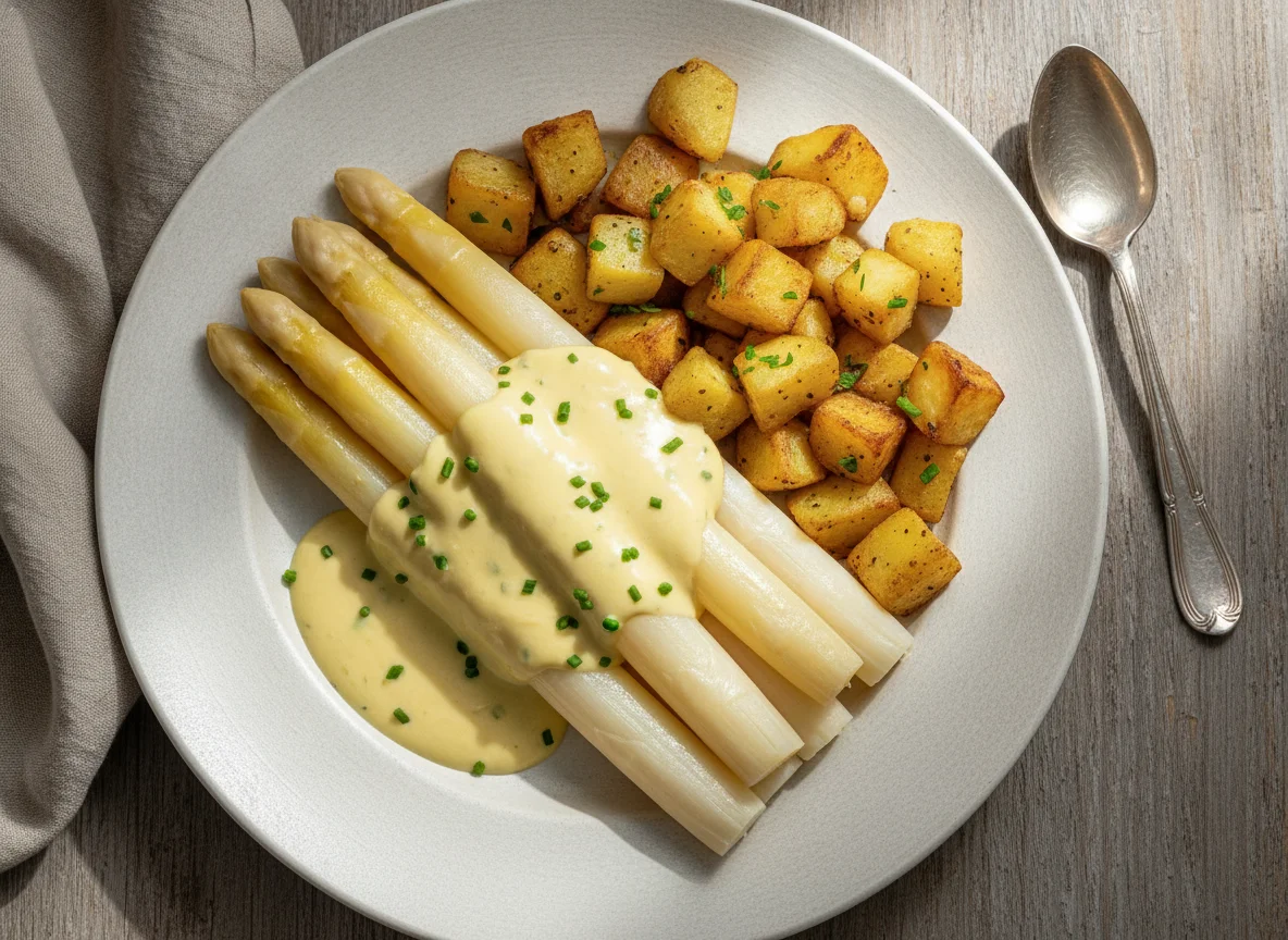 Weißer Spargel mit Sauce Hollandaise und Röstkartoffeln photo