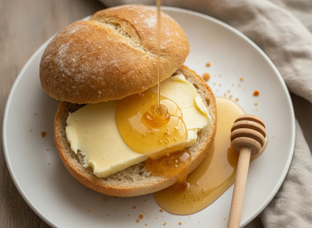 Weizenbrötchen mit Butter und Honig photo