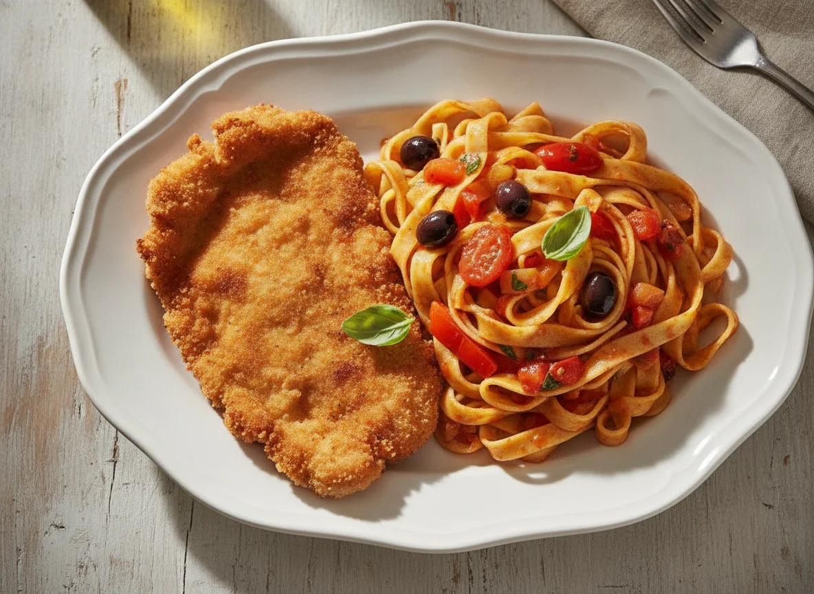 Wiener Schnitzel mit Bandnudeln und Gemüsesauce photo