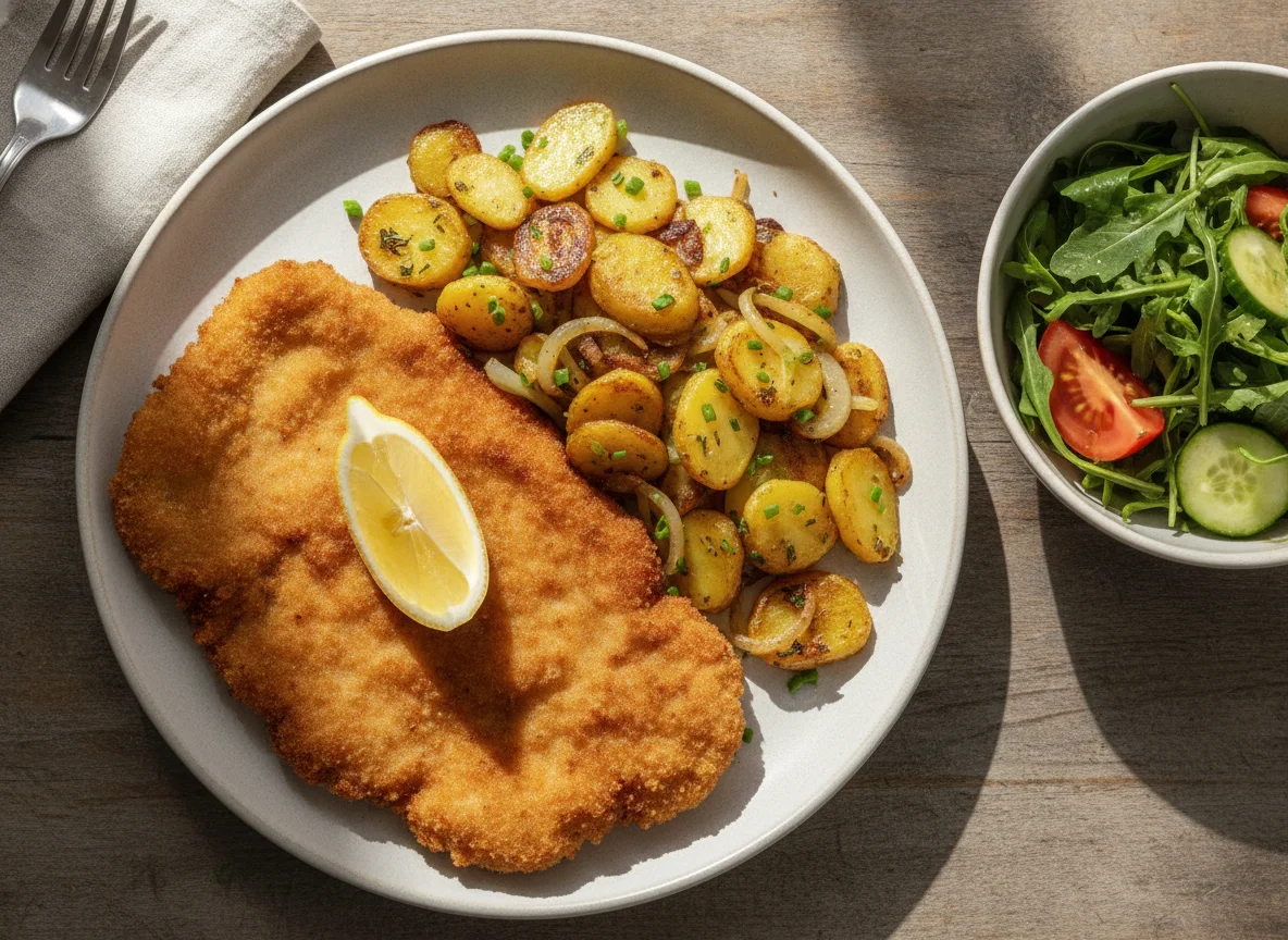 Wiener Schnitzel mit Bratkartoffeln und Beilagensalat photo