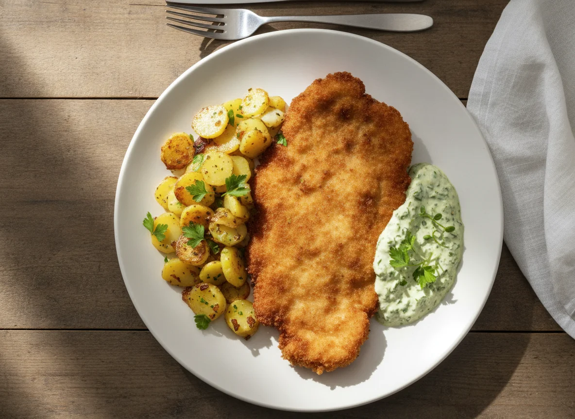 Wiener Schnitzel mit Bratkartoffeln und Frankfurter Grüne Soße photo