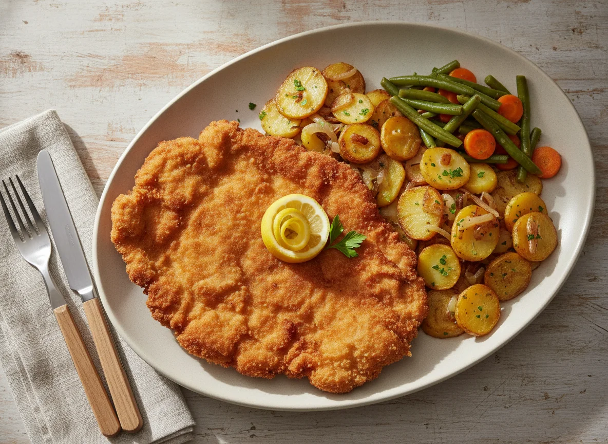 Wiener Schnitzel mit Bratkartoffeln und Mischgemüse photo