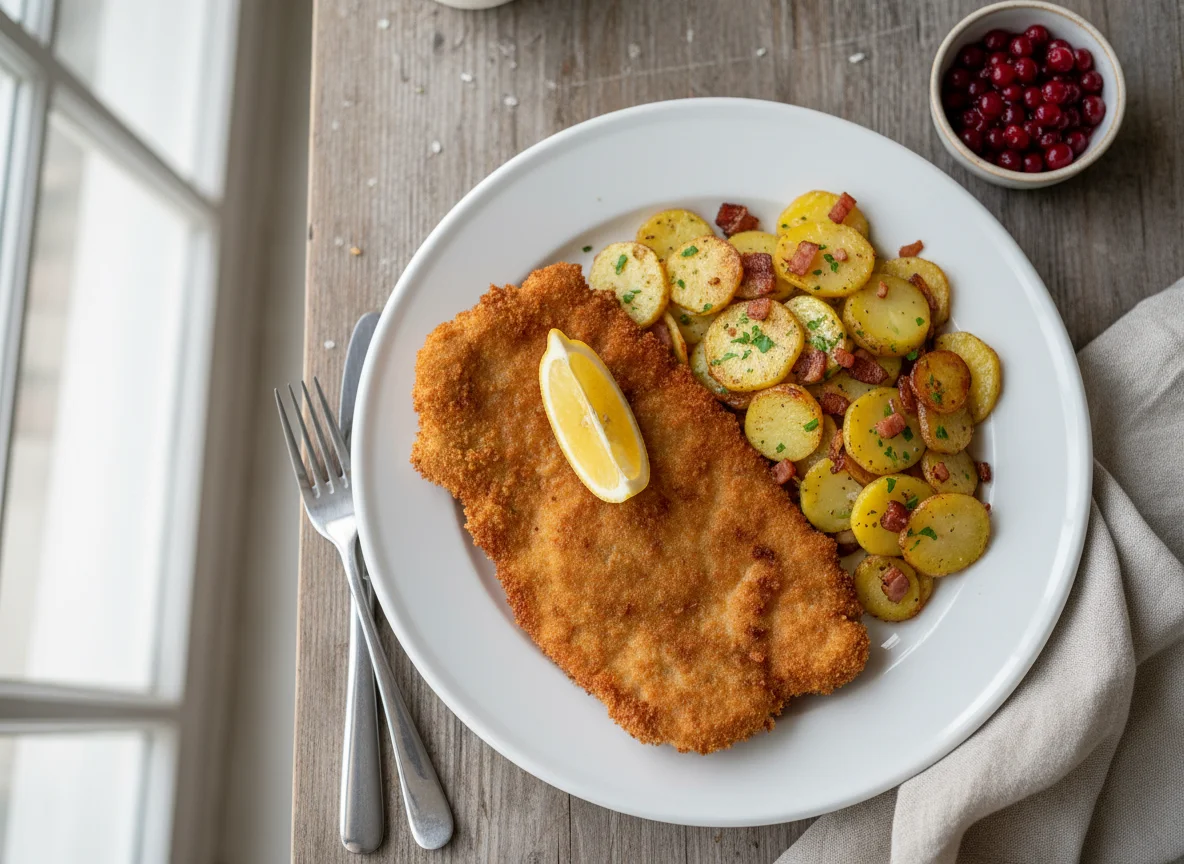 Wiener Schnitzel mit Bratkartoffeln und Preiselbeeren photo