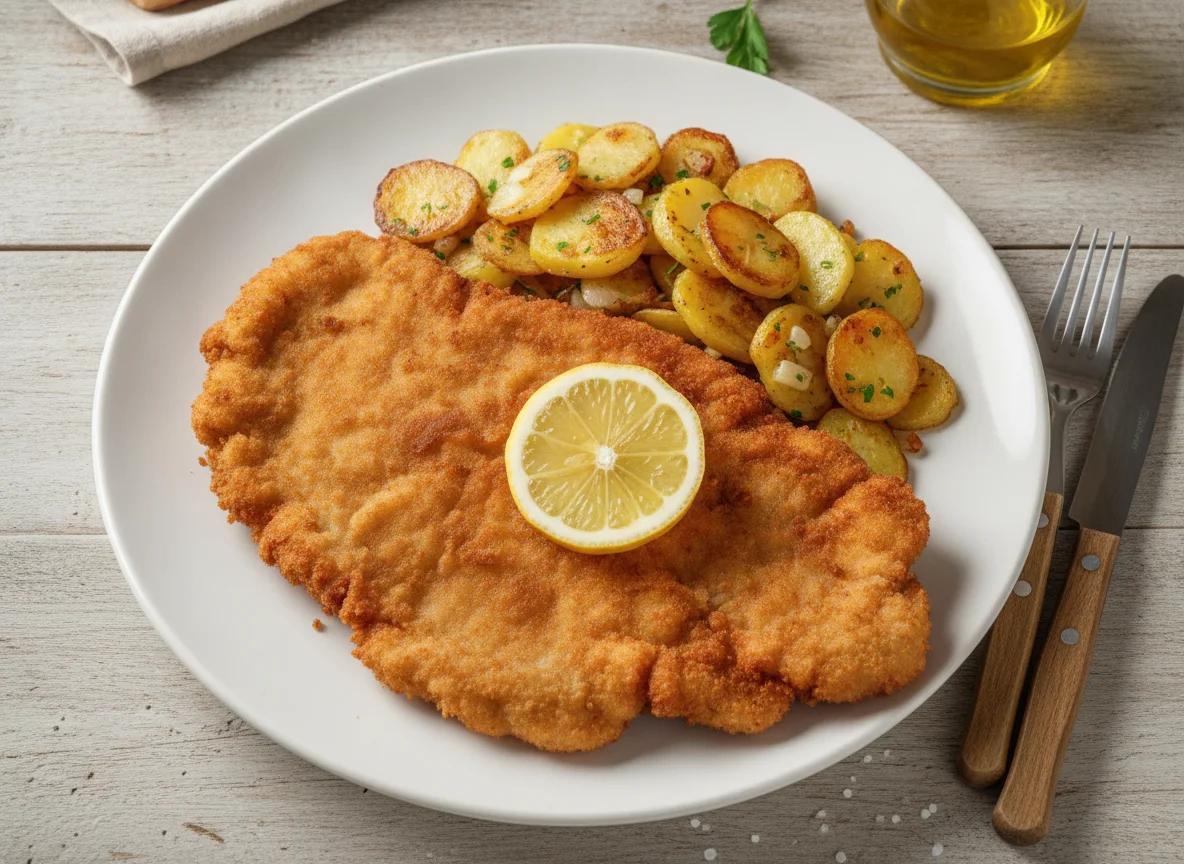 Wiener Schnitzel mit Bratkartoffeln und Zitrone photo