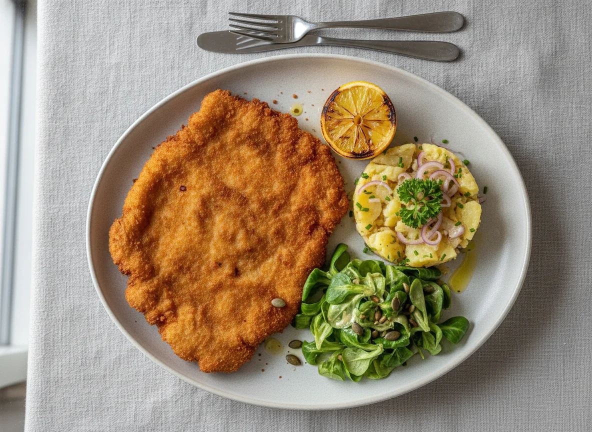 Wiener Schnitzel mit Erdäpfelsalat und Vogerlsalat photo