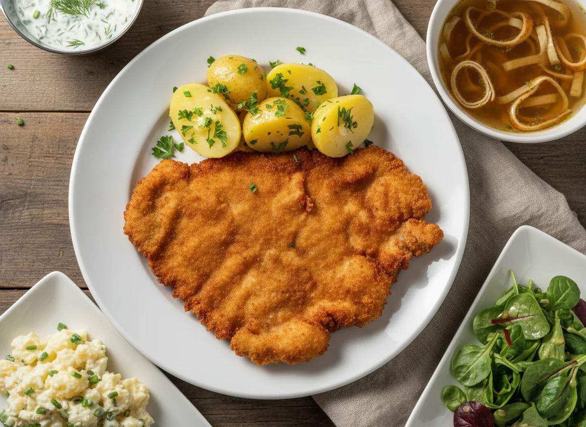 Wiener Schnitzel mit Kartoffeln, Sauce und Suppe photo