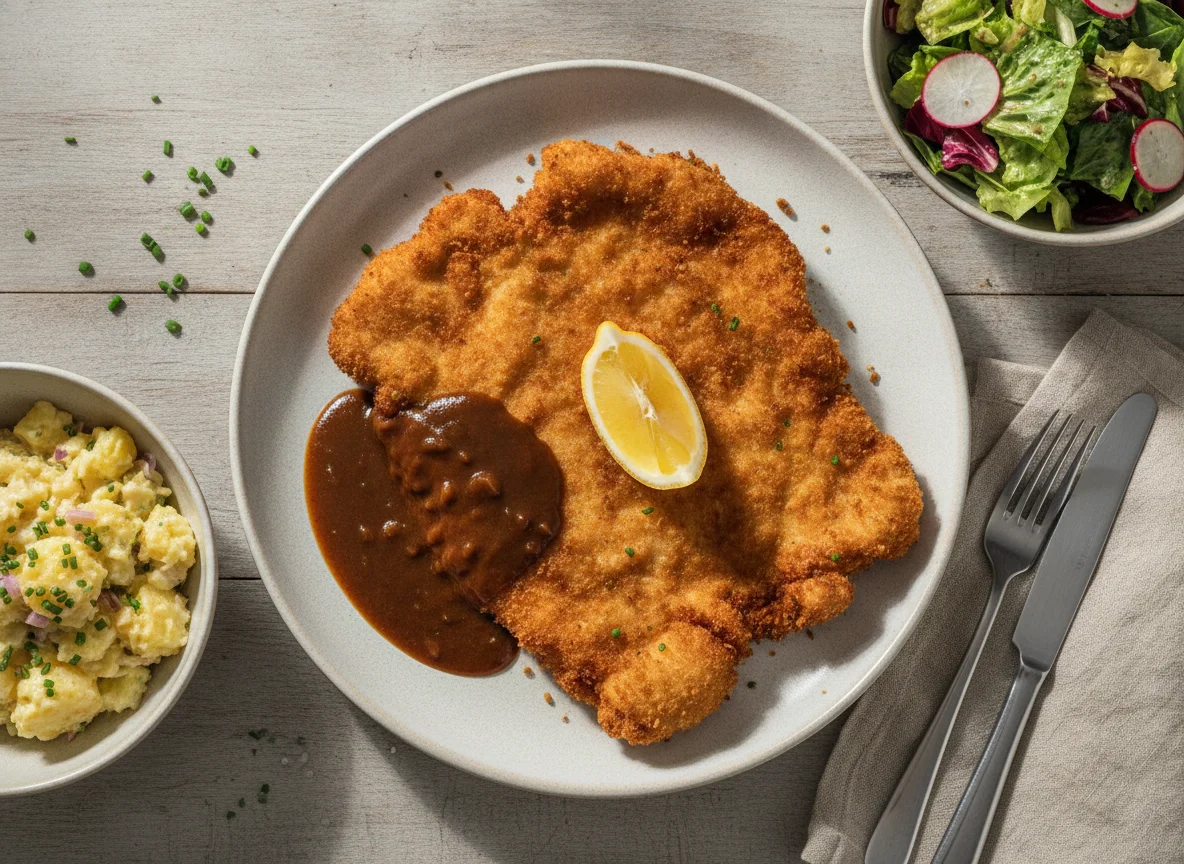 Wiener Schnitzel mit Kartoffelsalat und Beilagensalat photo