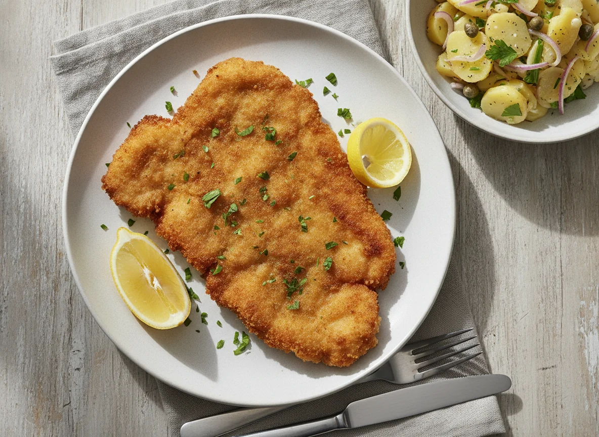 Wiener Schnitzel mit Kartoffelsalat und Zitrone photo
