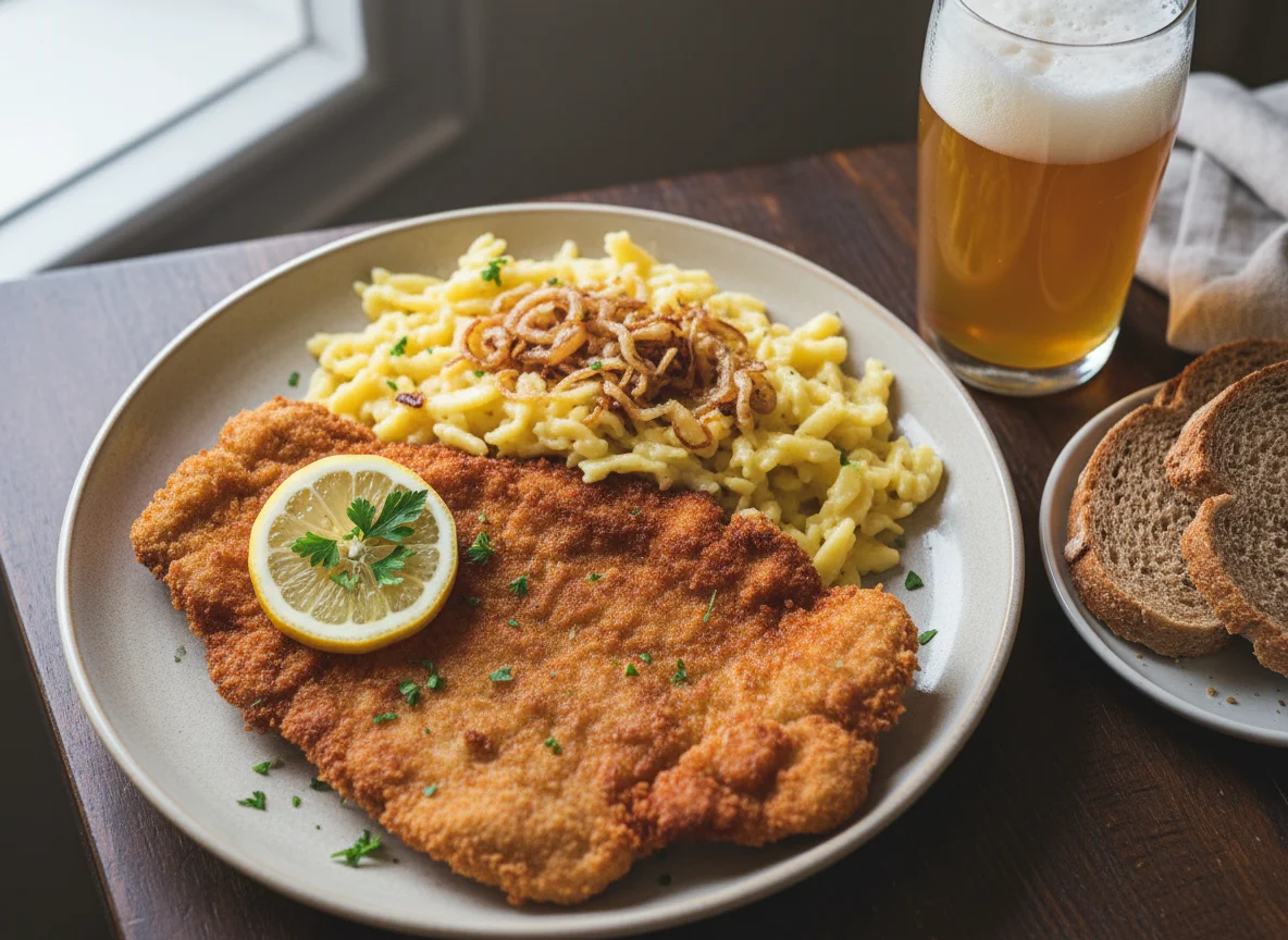 Wiener Schnitzel mit Kässpätzle und Bier photo