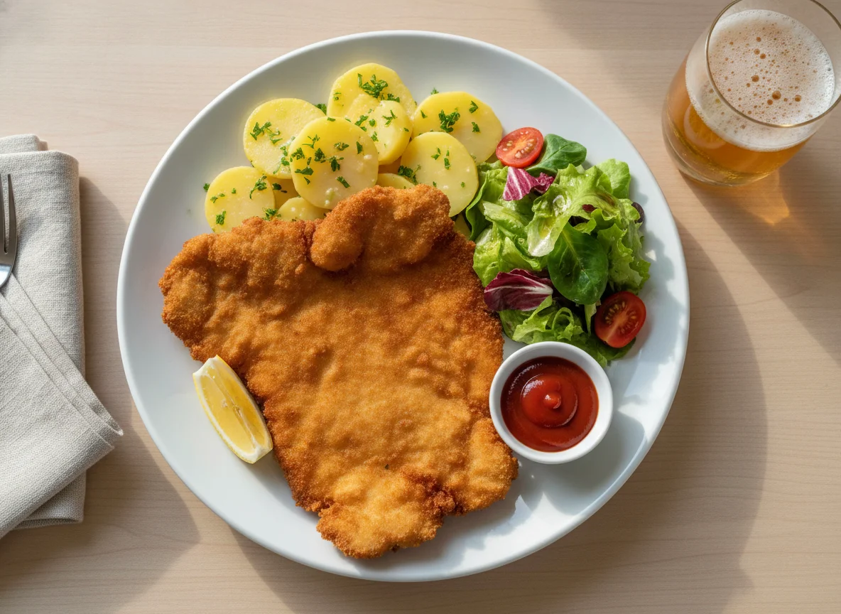 Wiener Schnitzel mit Petersilerdäpfeln und Beilagensalat photo