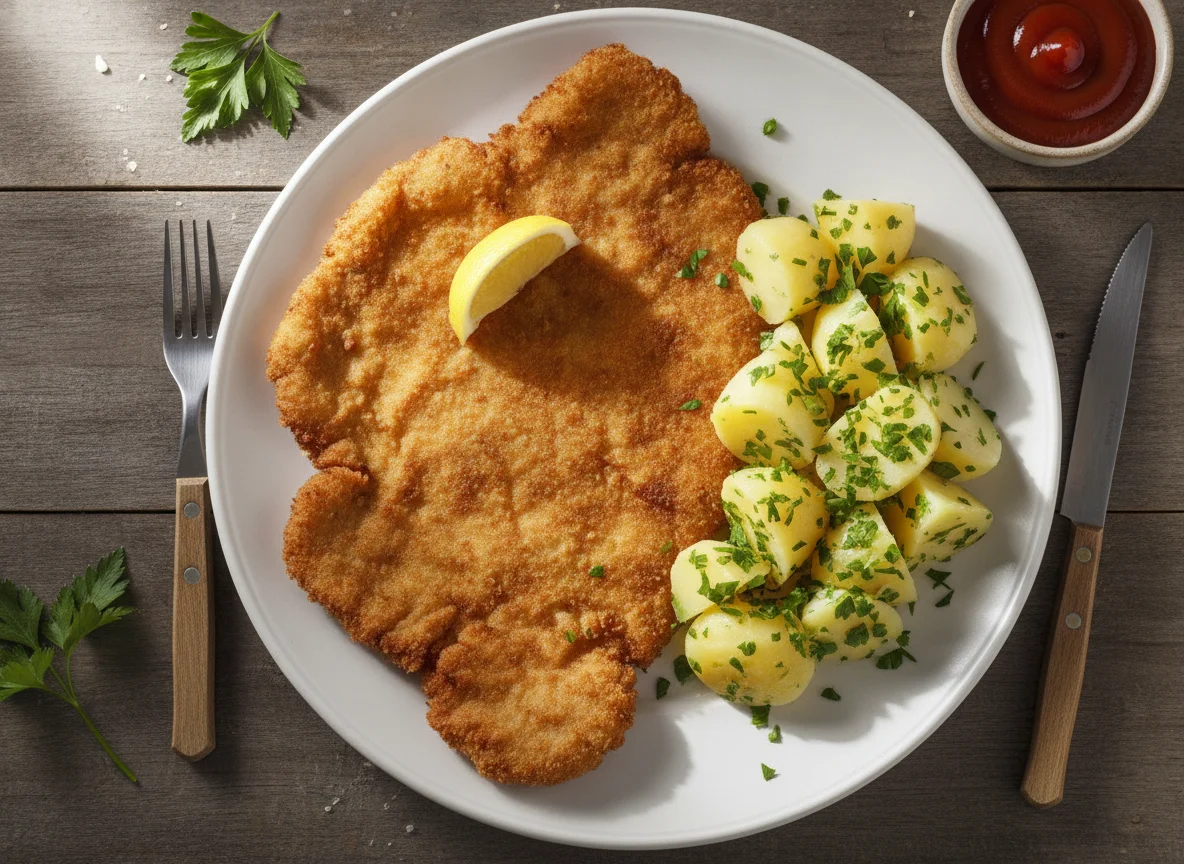 Wiener Schnitzel mit Petersilerdäpfeln und Ketchup photo