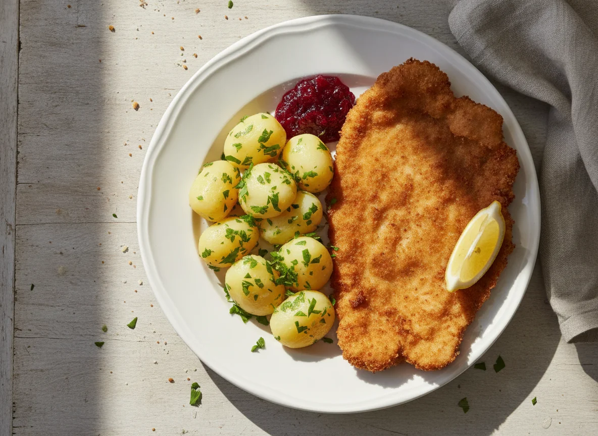 Wiener Schnitzel mit Petersilerdäpfeln und Preiselbeeren photo