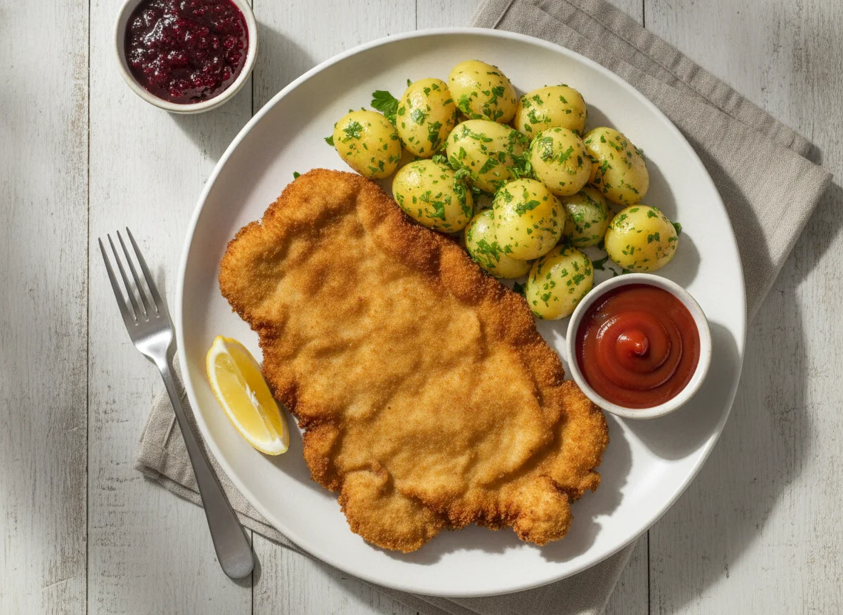 Wiener Schnitzel mit Petersilienkartoffeln und Preiselbeeren photo