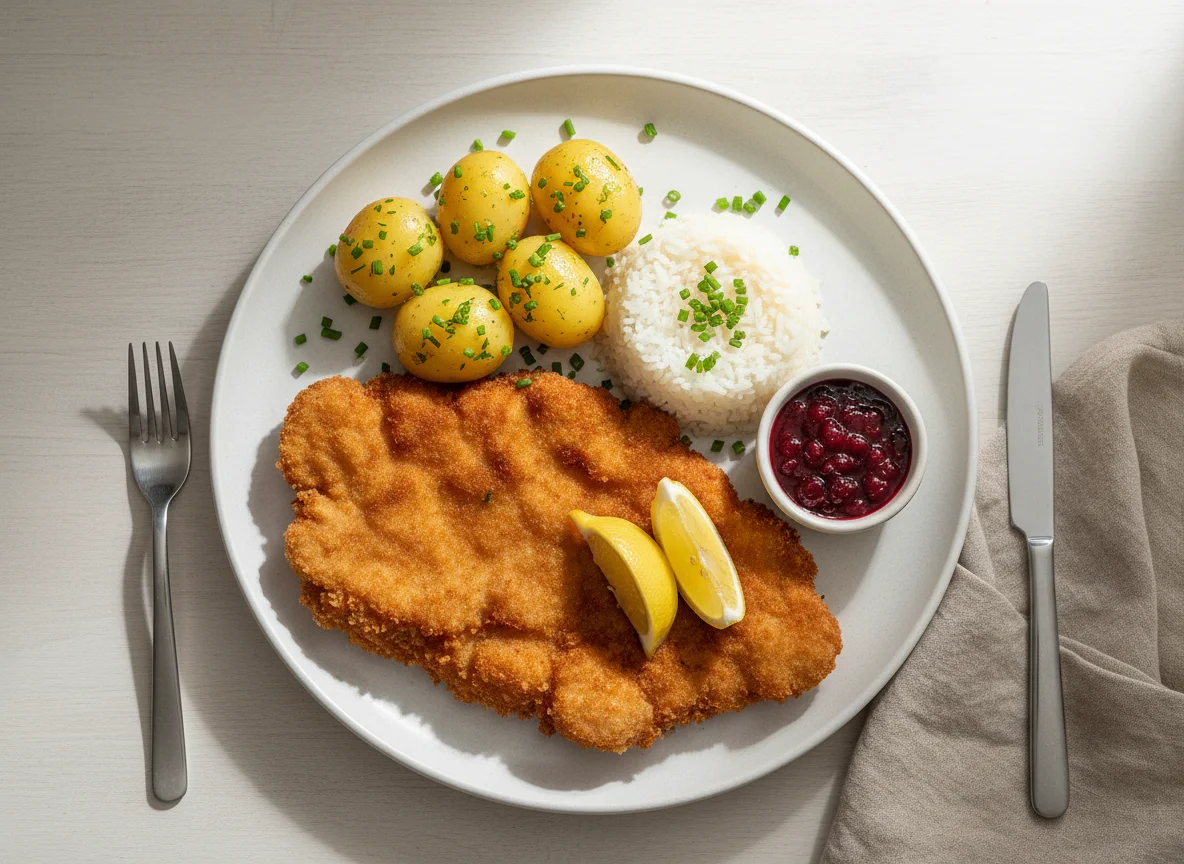 Wiener Schnitzel mit Petersilkartoffeln, Reis und Preiselbeeren photo