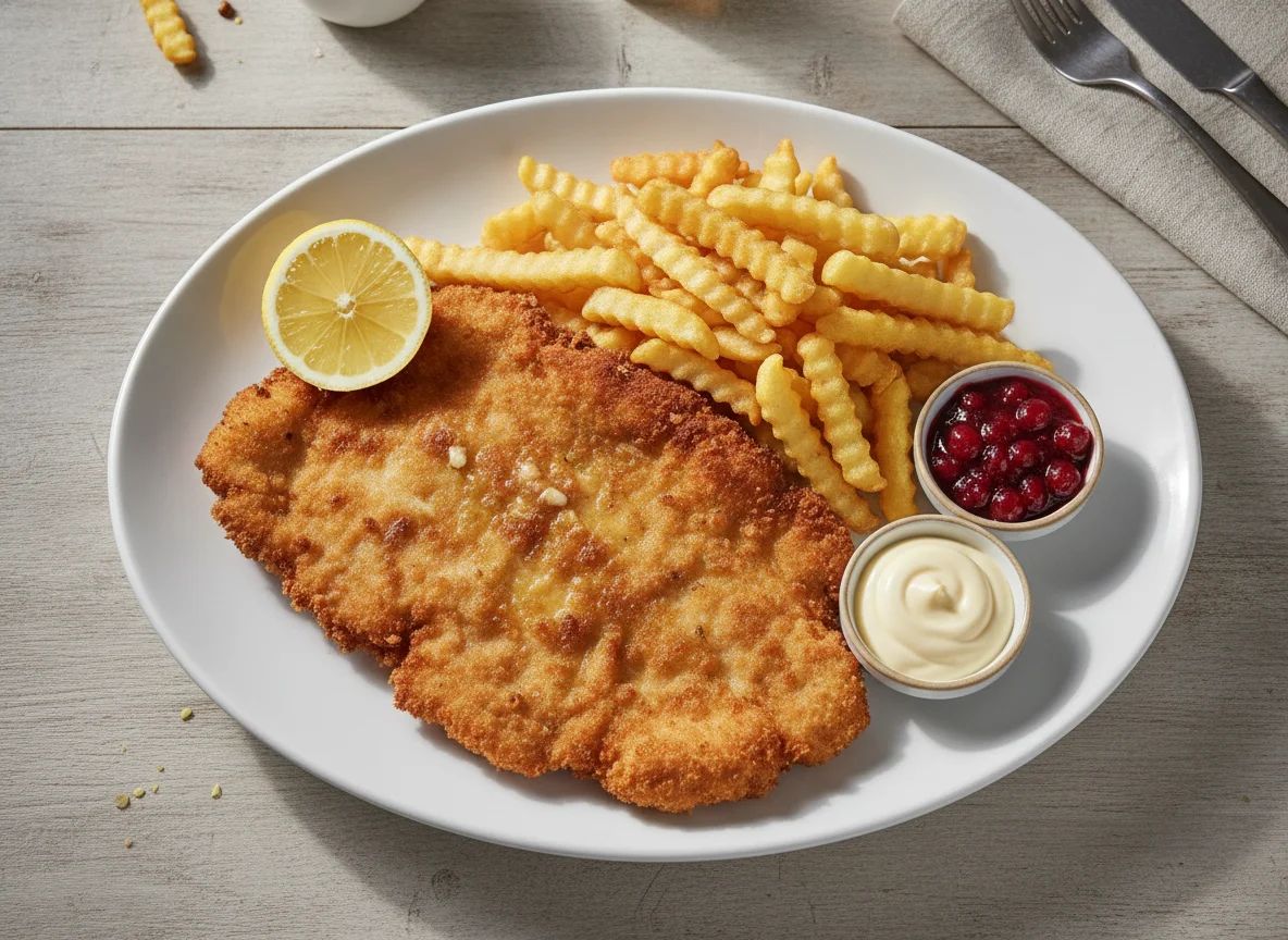 Wiener Schnitzel mit Pommes Frites, Preiselbeeren und Mayonnaise photo