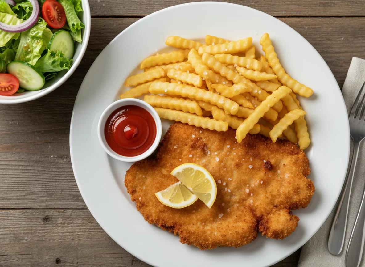 Wiener Schnitzel mit Pommes Frites und Beilagensalat photo