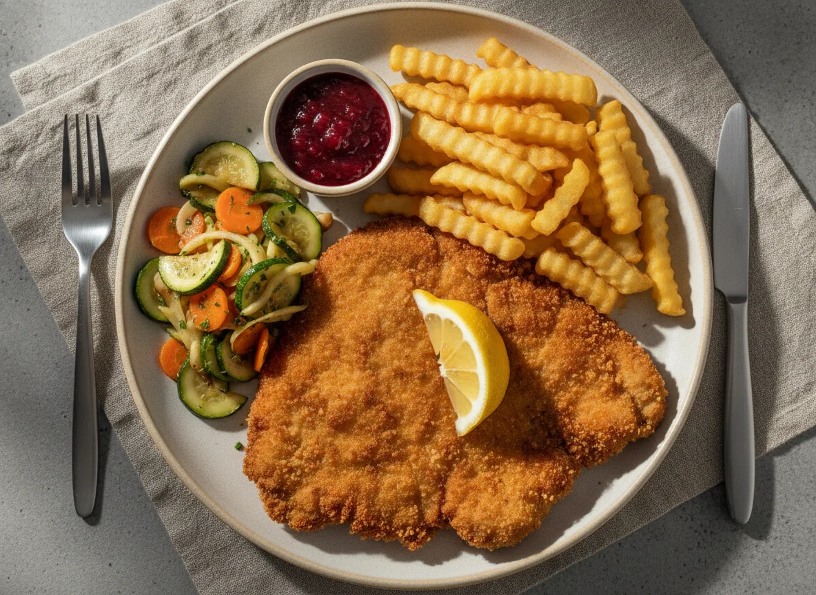 Wiener Schnitzel mit Pommes Frites und Gemüse photo