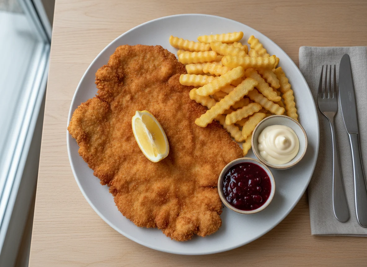 Wiener Schnitzel mit Pommes Frites und Preiselbeeren photo
