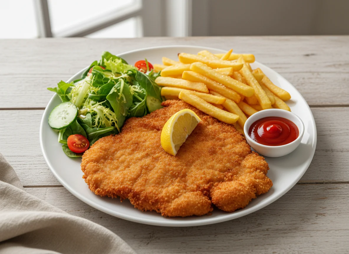 Wiener Schnitzel mit Pommes Frites und Salat photo