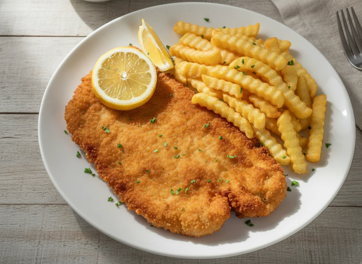 Wiener Schnitzel mit Pommes Frites und Zitrone photo