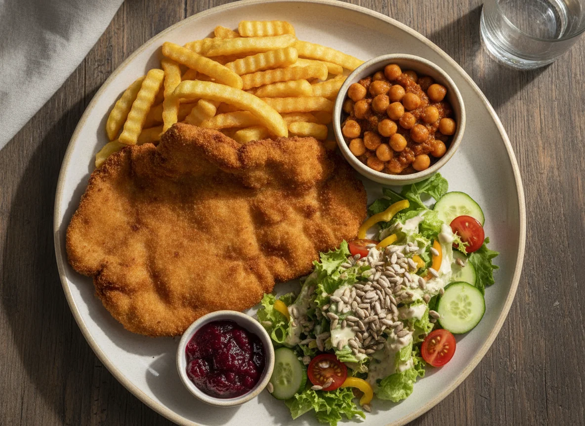 Wiener Schnitzel mit Pommes, Kichererbsen und Salat photo