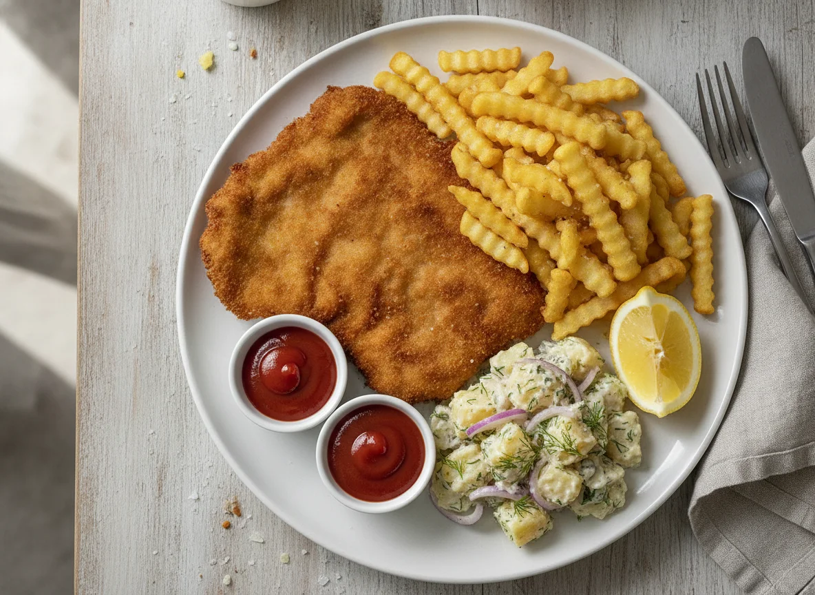 Wiener Schnitzel mit Pommes und Erdäpfelsalat photo