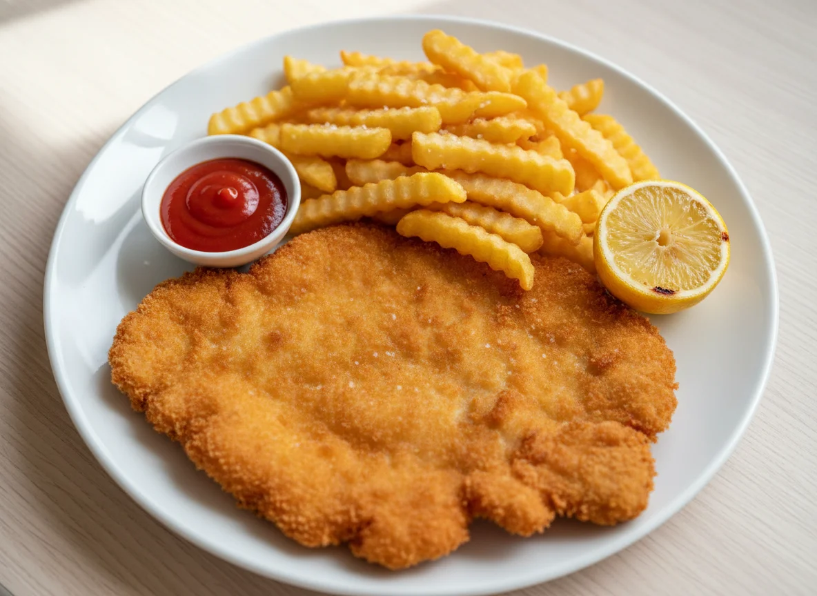 Wiener Schnitzel mit Pommes und Ketchup photo