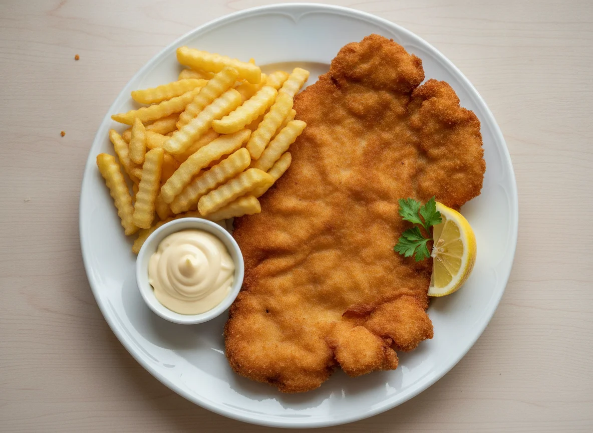 Wiener Schnitzel mit Pommes und Mayonnaise photo