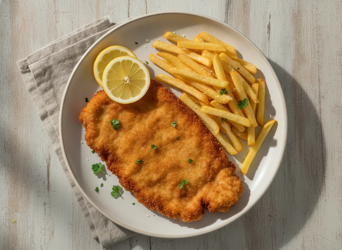 Wiener Schnitzel mit Pommes und Zitrone photo