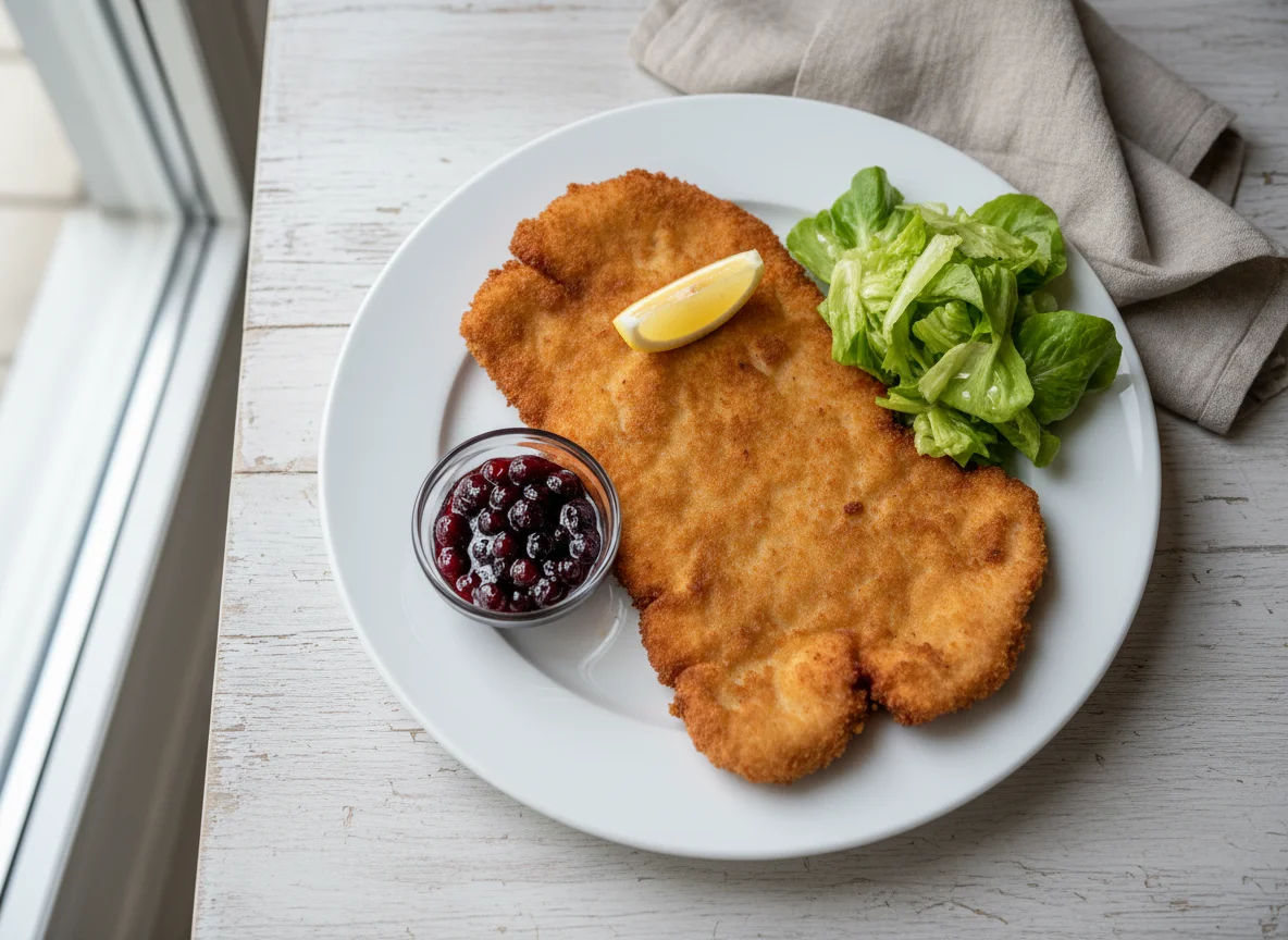 Wiener Schnitzel mit Preiselbeeren und Salat photo