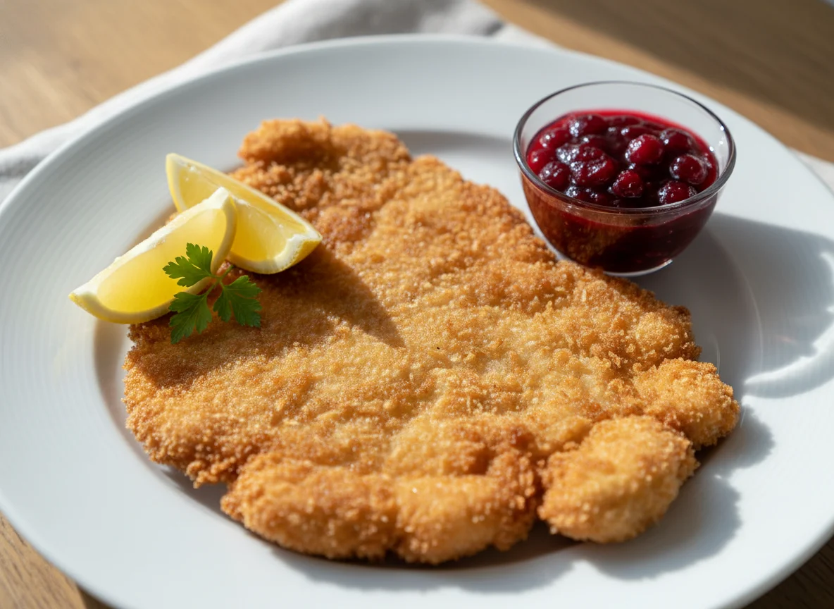 Wiener Schnitzel mit Preiselbeeren und Zitrone photo