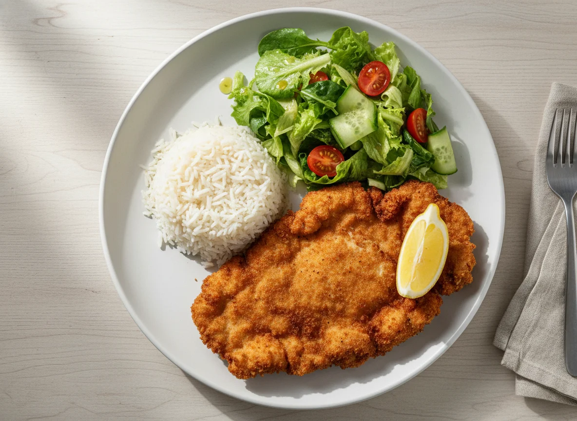 Wiener Schnitzel mit Reis und Beilagensalat photo