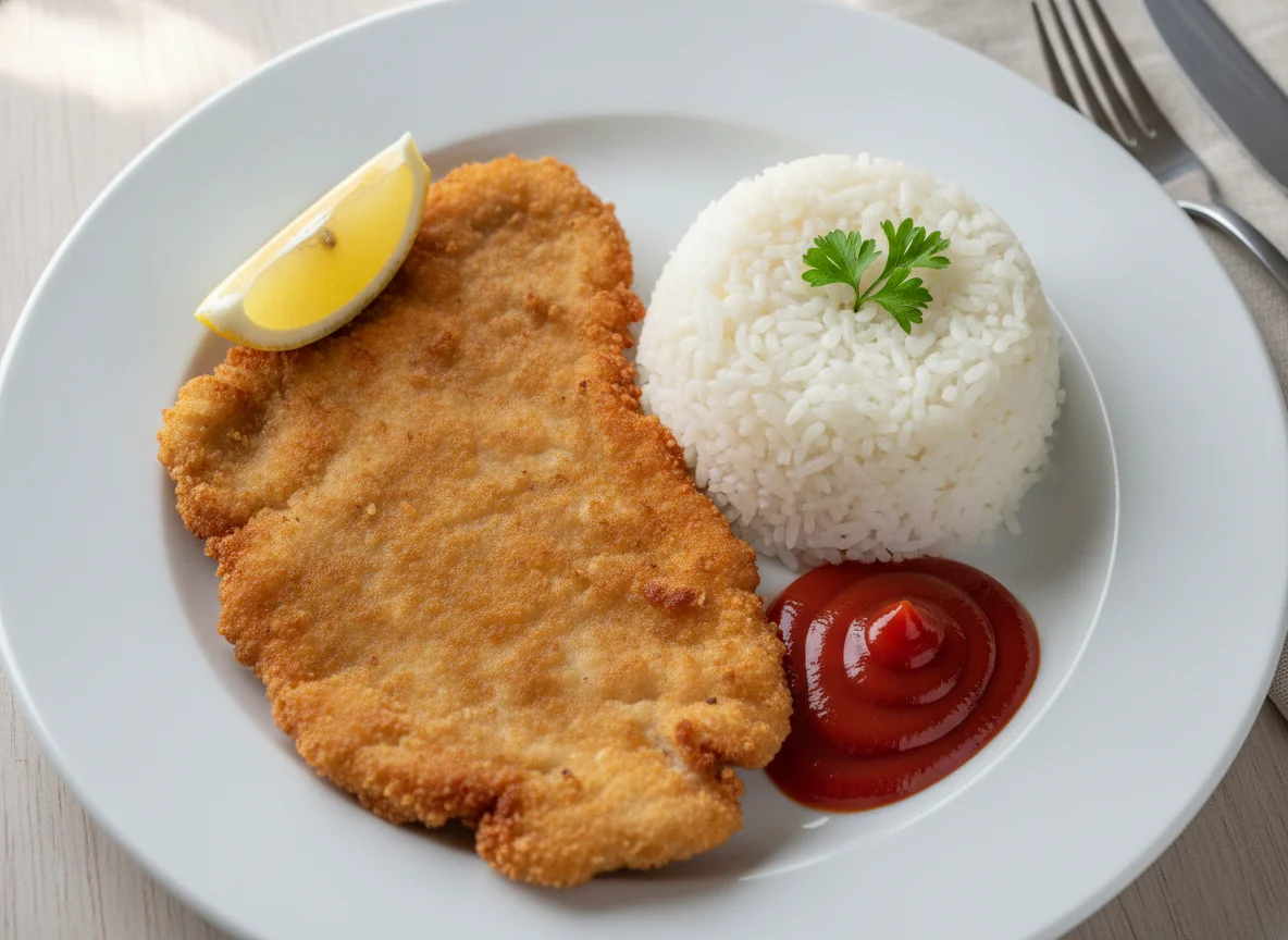 Wiener Schnitzel mit Reis und Ketchup photo
