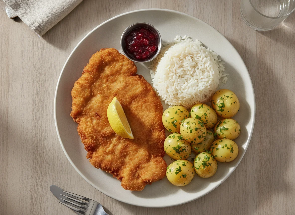 Wiener Schnitzel mit Reis und Petersilerdäpfeln photo