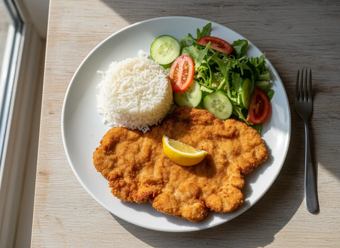Wiener Schnitzel mit Reis und Salat photo