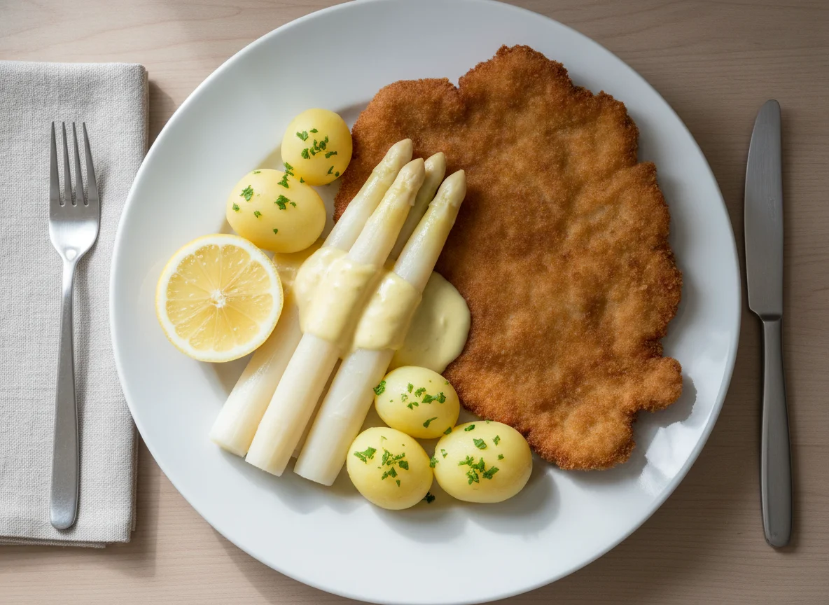 Wiener Schnitzel mit Spargel, Salzkartoffeln und Sauce Hollandaise photo