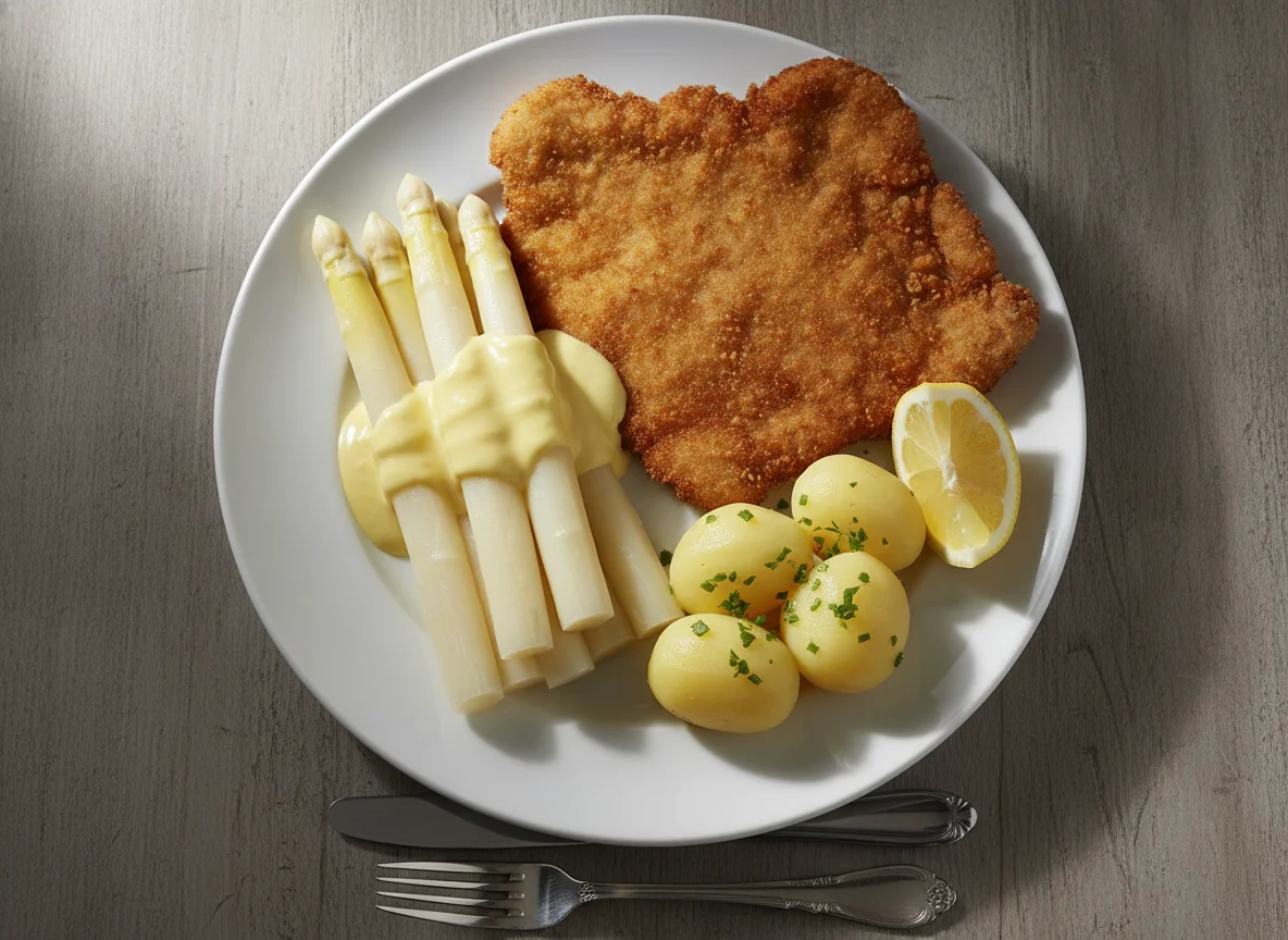 Wiener Schnitzel mit Spargel, Sauce Hollandaise und Salzkartoffeln photo