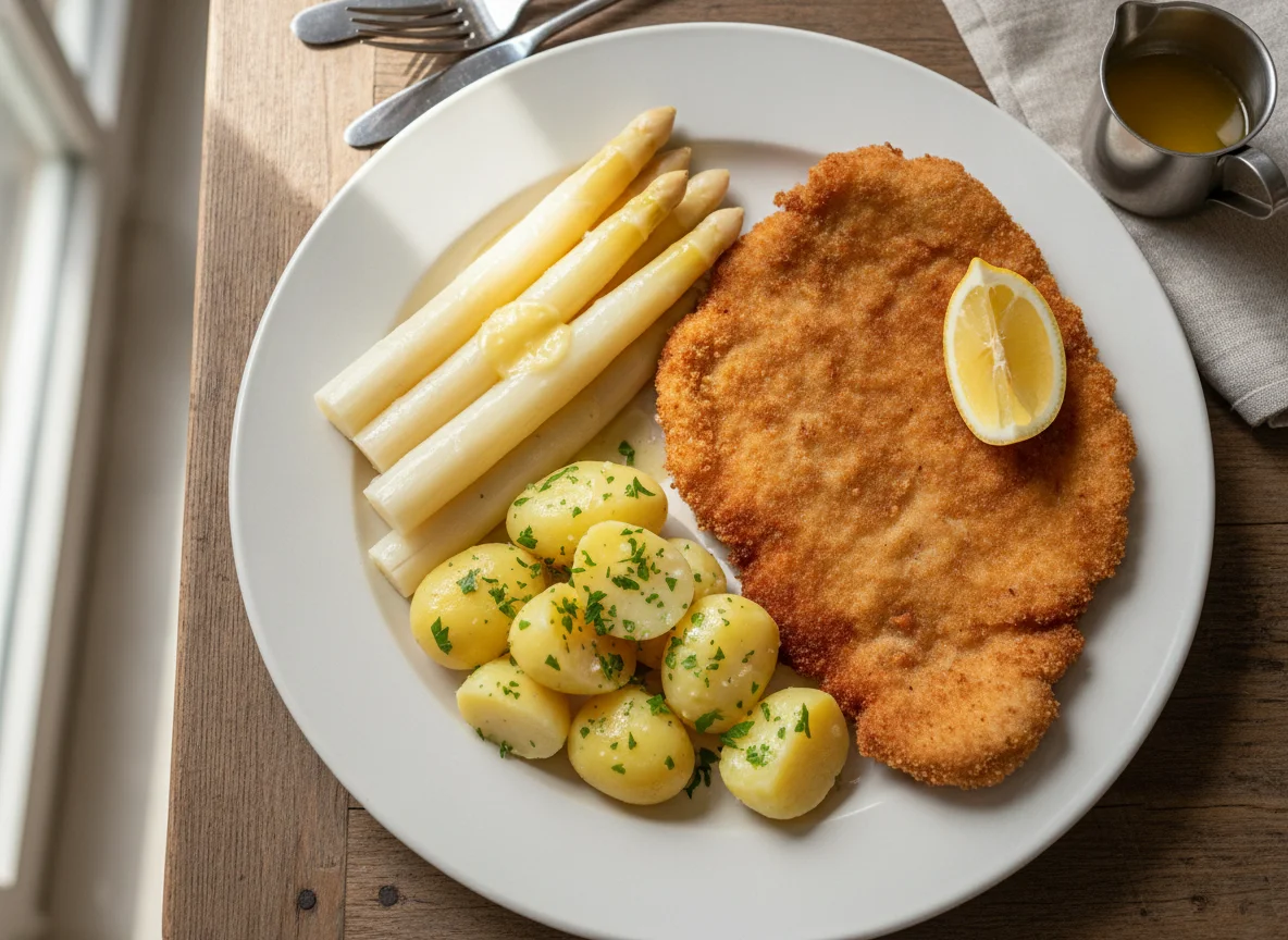 Wiener Schnitzel mit Spargel und Salzkartoffeln photo