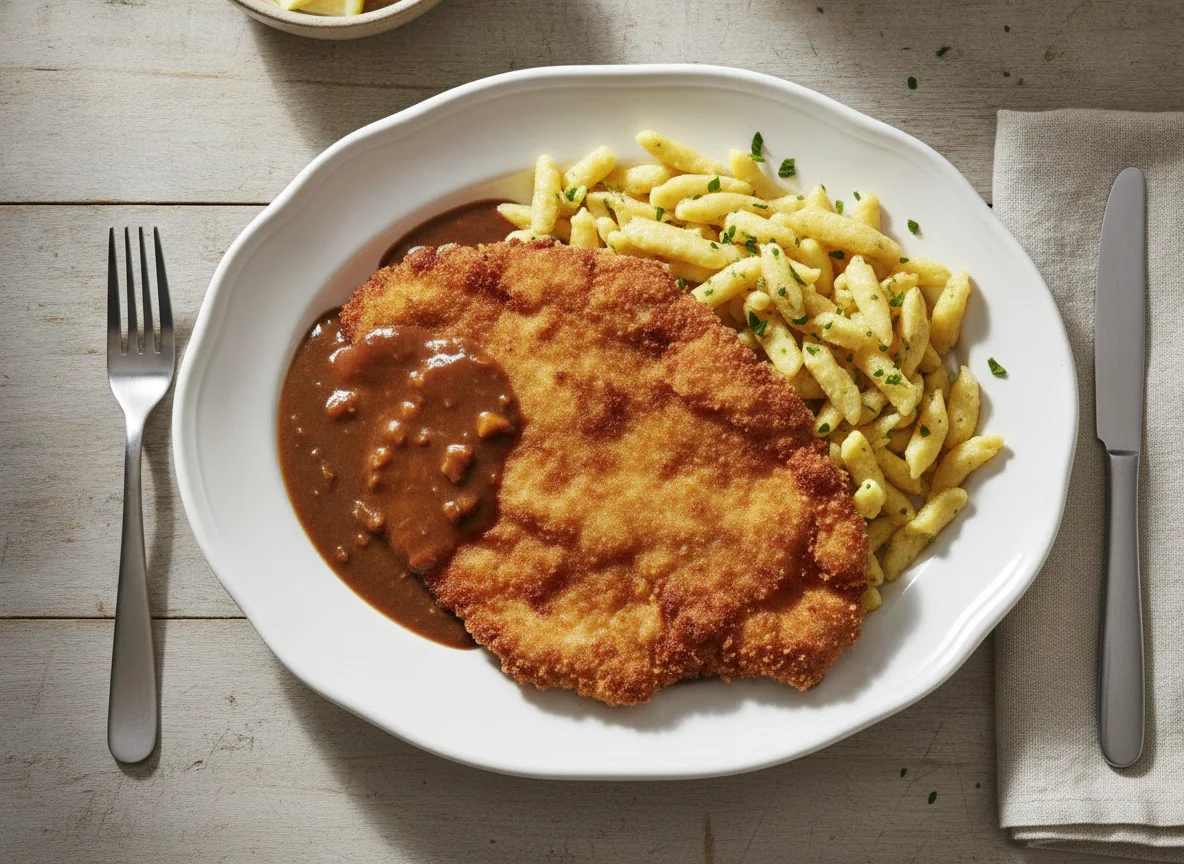 Wiener Schnitzel mit Spätzle und Bratensoße photo